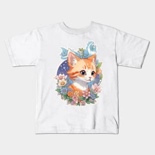 A Print Of Vivid Cute Kitten Cat Head With Fantasy Flowers Kids T-Shirt